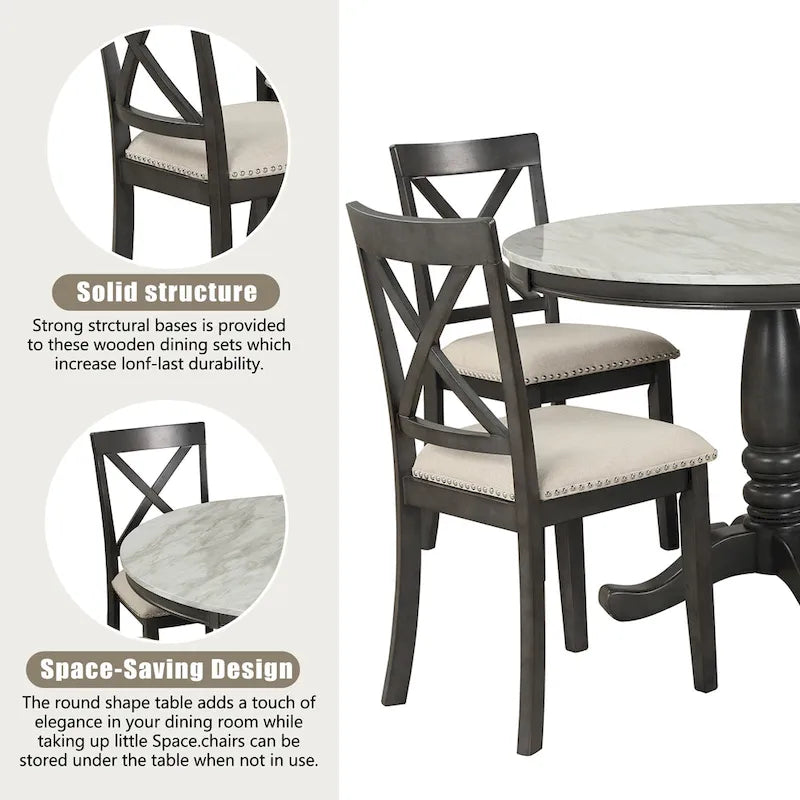Ensemble de salle à manger moderne 5 pièces en bois avec table ronde et 4 chaises rembourrées