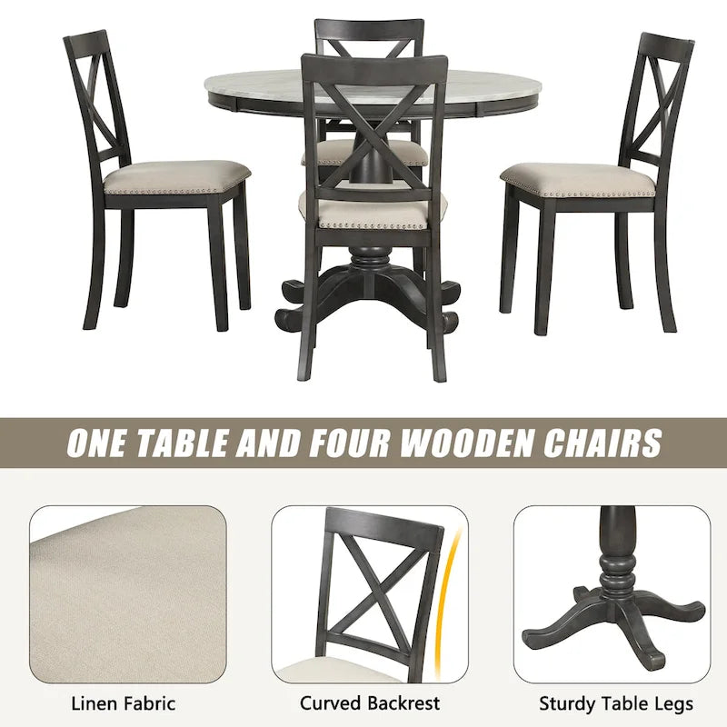 Ensemble de salle à manger moderne 5 pièces en bois avec table ronde et 4 chaises rembourrées
