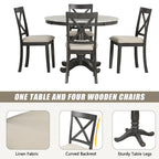Ensemble de salle à manger moderne 5 pièces en bois avec table ronde et 4 chaises rembourrées
