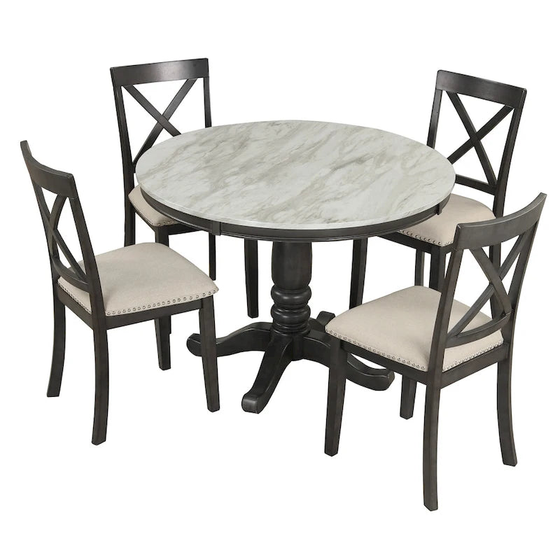 Ensemble de salle à manger moderne 5 pièces en bois avec table ronde et 4 chaises rembourrées