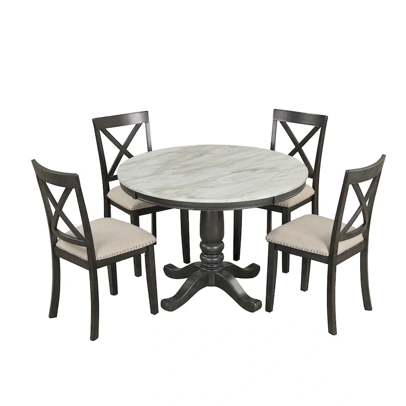Ensemble de salle à manger moderne 5 pièces en bois avec table ronde et 4 chaises rembourrées