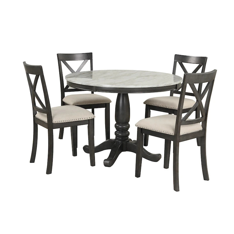 Ensemble de salle à manger moderne 5 pièces en bois avec table ronde et 4 chaises rembourrées