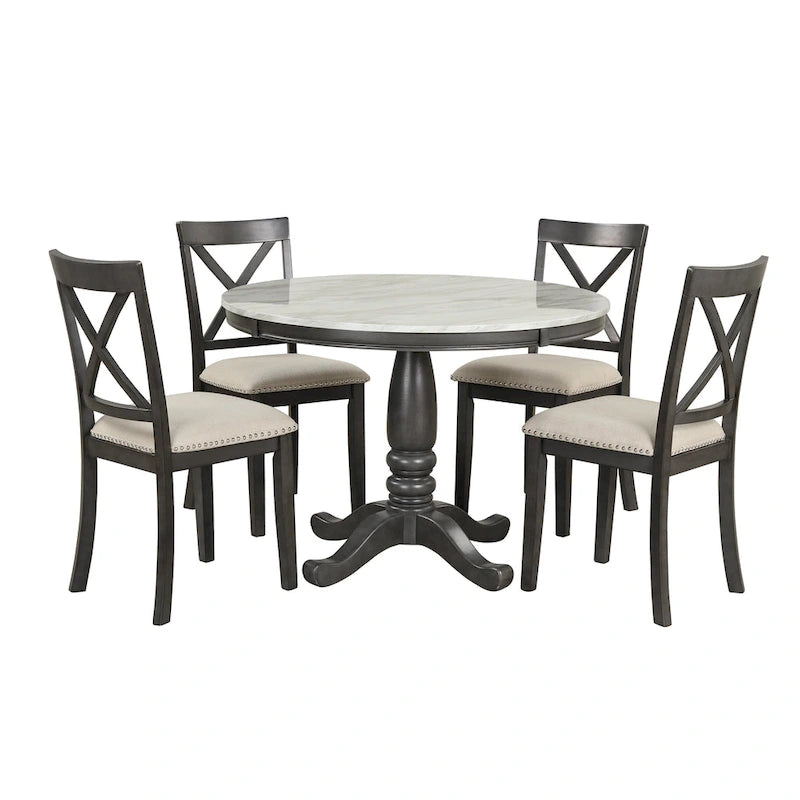 Ensemble de salle à manger moderne 5 pièces en bois avec table ronde et 4 chaises rembourrées
