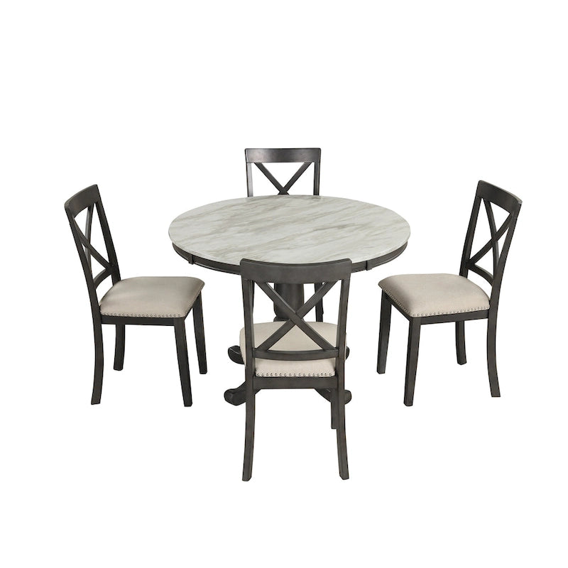 Ensemble de salle à manger moderne 5 pièces en bois avec table ronde et 4 chaises rembourrées