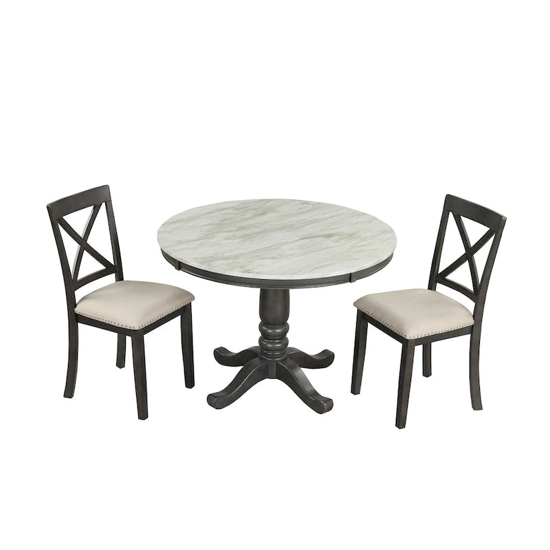 Ensemble de salle à manger moderne 5 pièces en bois avec table ronde et 4 chaises rembourrées