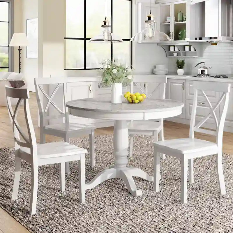 Ensemble de salle à manger moderne 5 pièces en bois avec table ronde et 4 chaises rembourrées