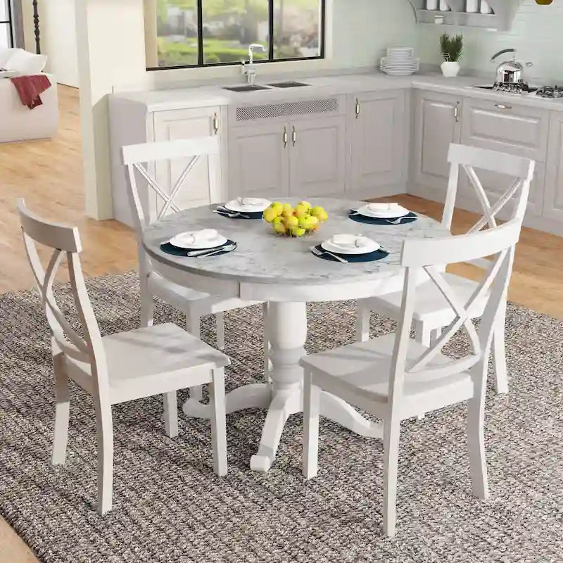 Ensemble de salle à manger moderne 5 pièces en bois avec table ronde et 4 chaises rembourrées