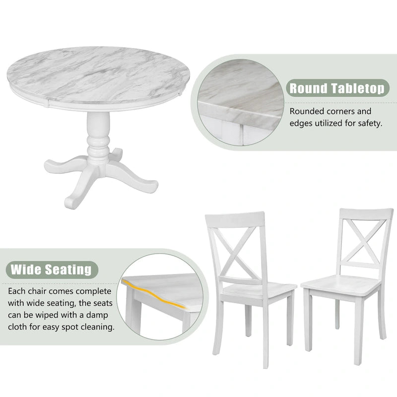 Ensemble de salle à manger moderne 5 pièces en bois avec table ronde et 4 chaises rembourrées