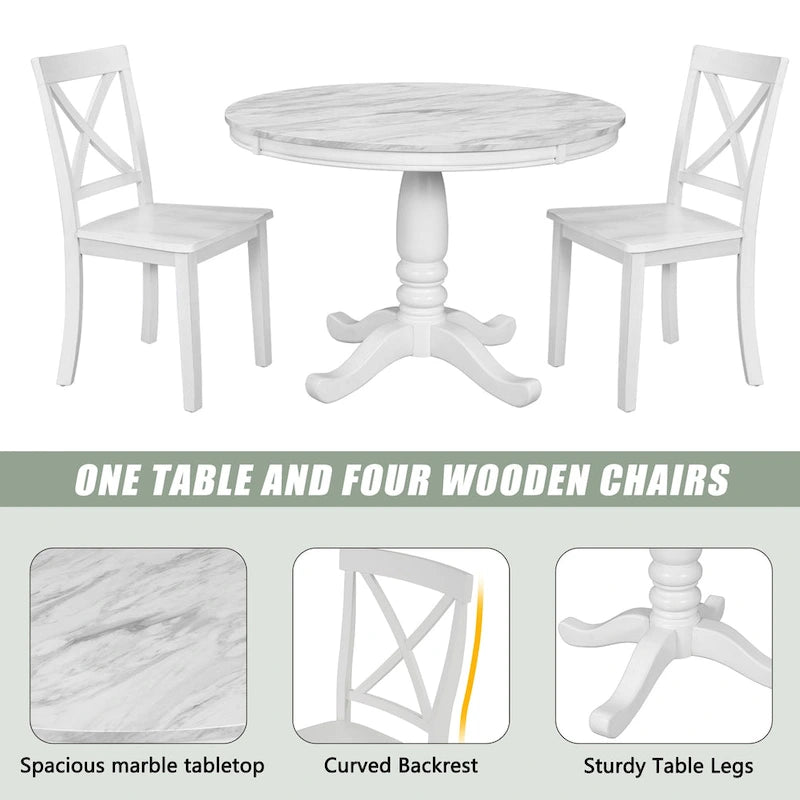 Ensemble de salle à manger moderne 5 pièces en bois avec table ronde et 4 chaises rembourrées