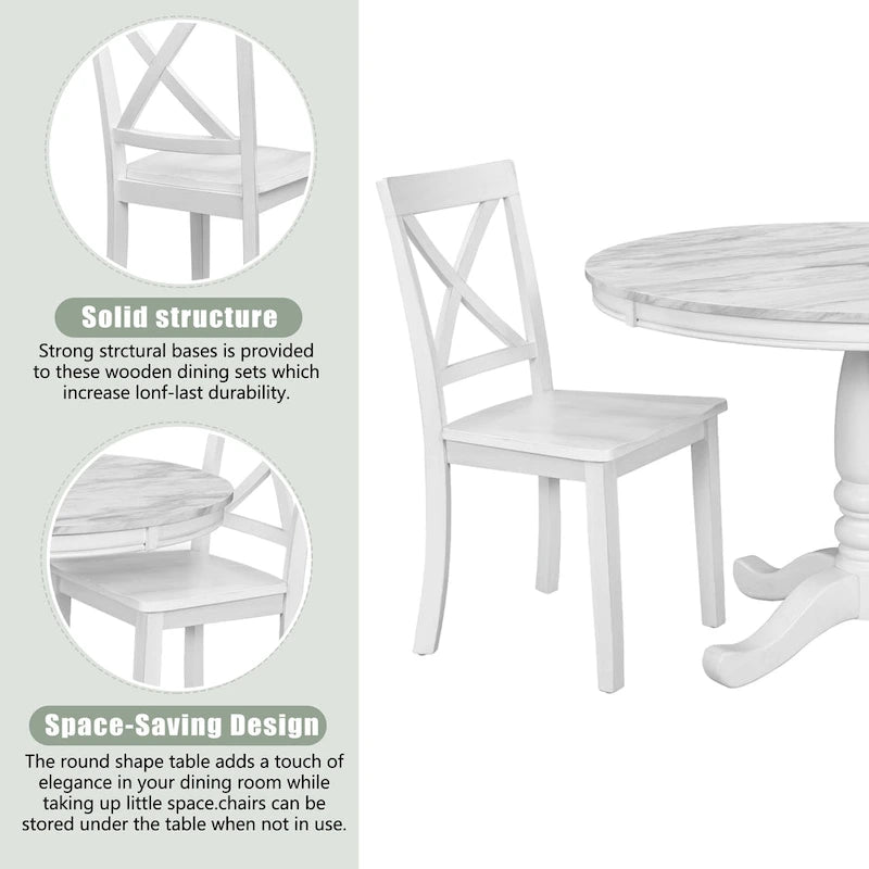 Ensemble de salle à manger moderne 5 pièces en bois avec table ronde et 4 chaises rembourrées