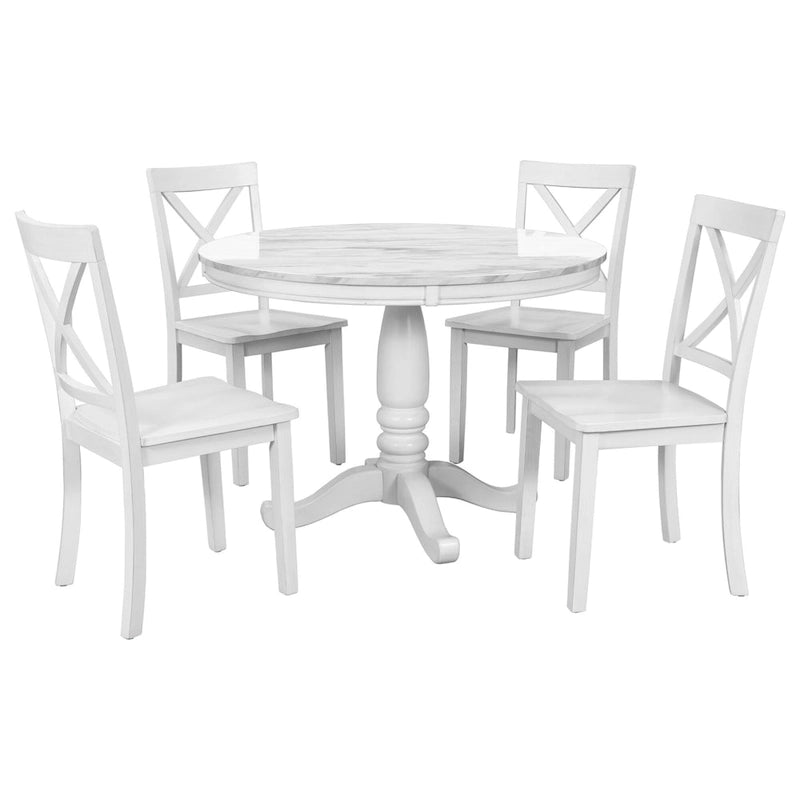 Ensemble de salle à manger moderne 5 pièces en bois avec table ronde et 4 chaises rembourrées