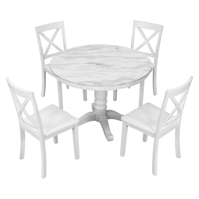 Ensemble de salle à manger moderne 5 pièces en bois avec table ronde et 4 chaises rembourrées