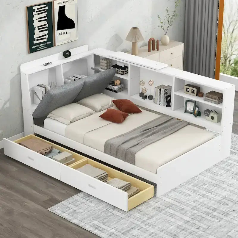 Lit capitonné King Size avec tête de lit de rangement et lit gigogne