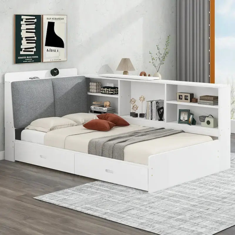 Lit capitonné King Size avec tête de lit de rangement et lit gigogne