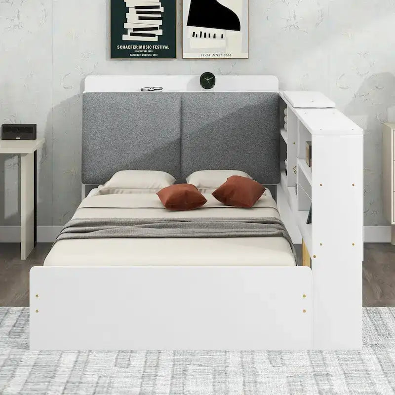 Lit capitonné King Size avec tête de lit de rangement et lit gigogne