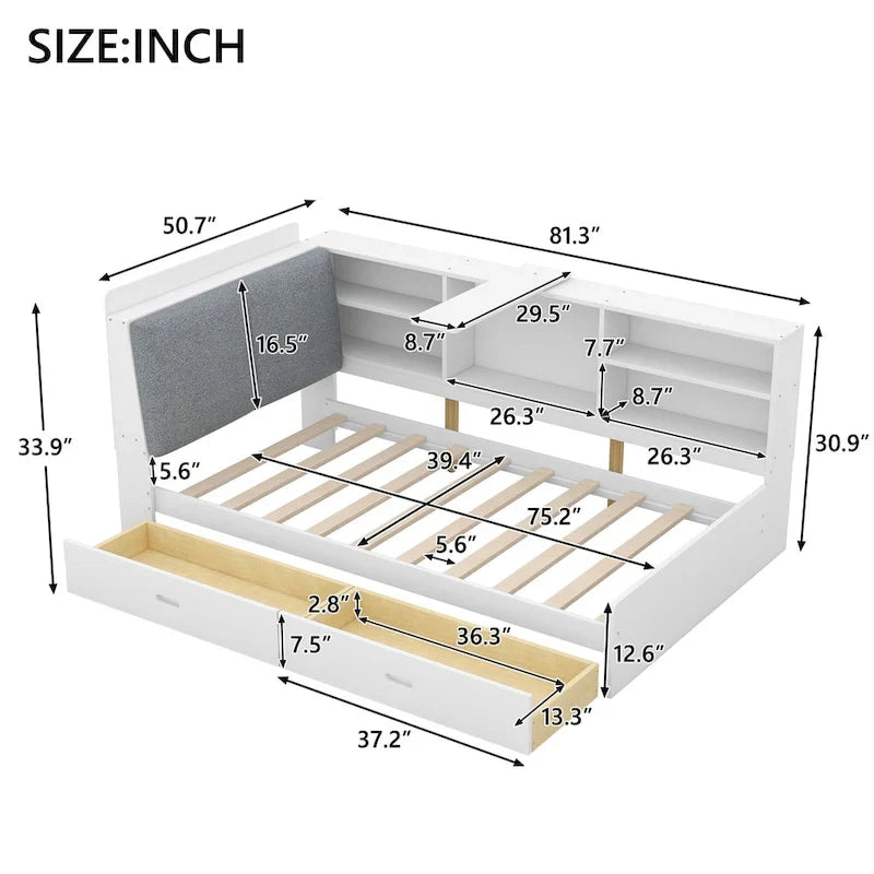 Lit capitonné King Size avec tête de lit de rangement et lit gigogne