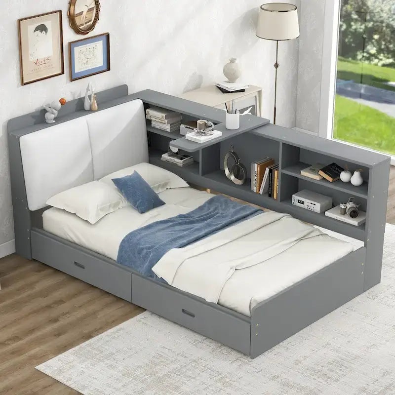 Lit capitonné King Size avec tête de lit de rangement et lit gigogne