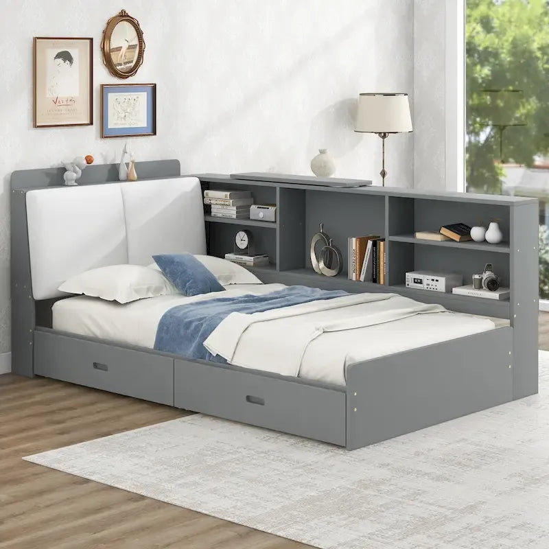 Lit capitonné King Size avec tête de lit de rangement et lit gigogne