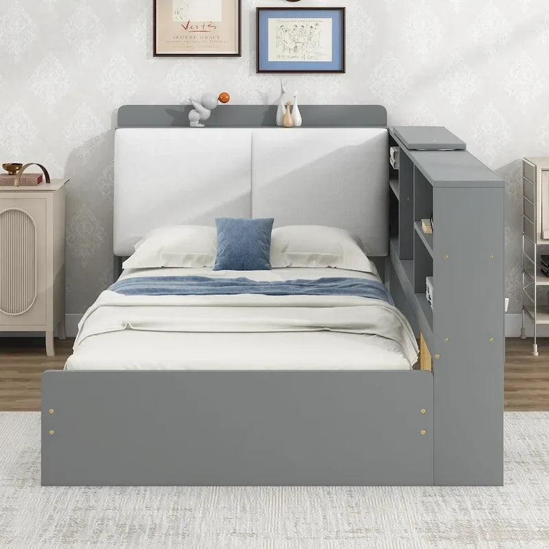 Lit capitonné King Size avec tête de lit de rangement et lit gigogne