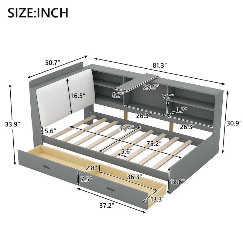 Lit capitonné King Size avec tête de lit de rangement et lit gigogne