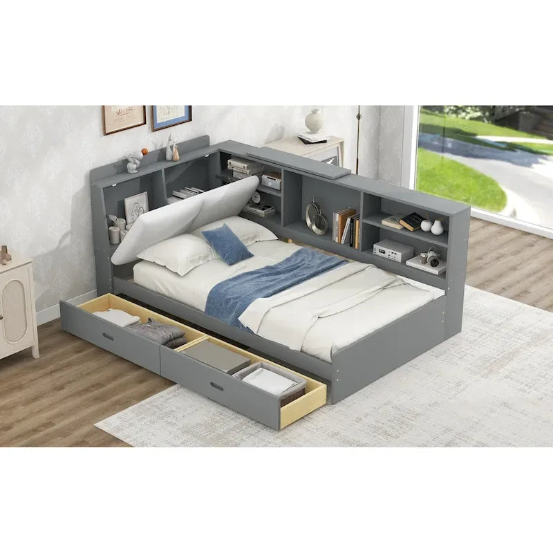 Lit capitonné King Size avec tête de lit de rangement et lit gigogne