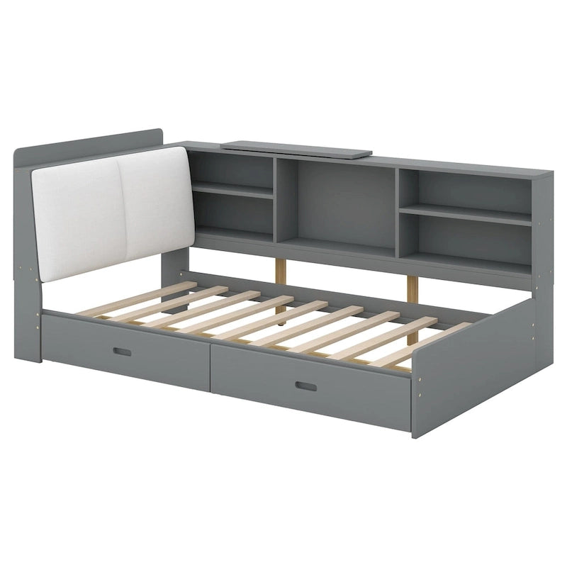 Lit capitonné King Size avec tête de lit de rangement et lit gigogne