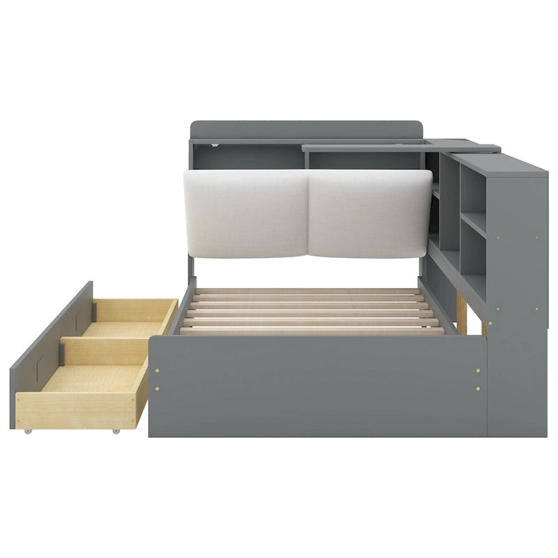 Lit capitonné King Size avec tête de lit de rangement et lit gigogne