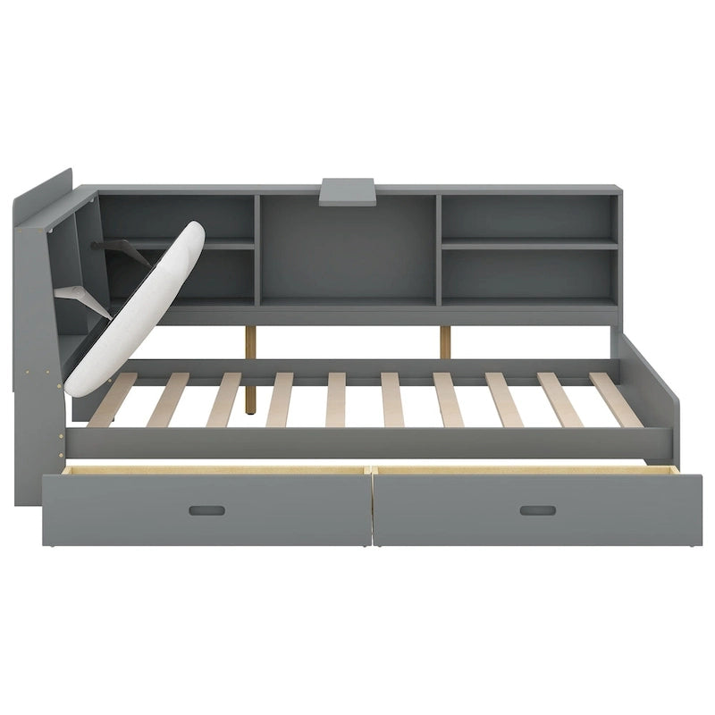 Lit capitonné King Size avec tête de lit de rangement et lit gigogne