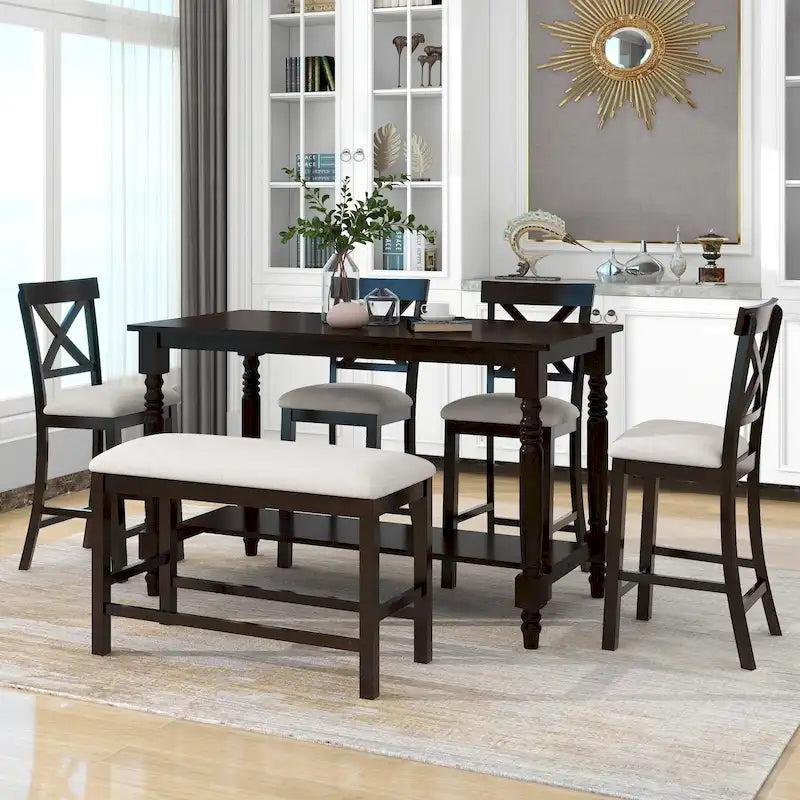 Ensemble de salle à manger 6 pièces en bois hauteur comptoir Espresso avec 4 chaises et un banc