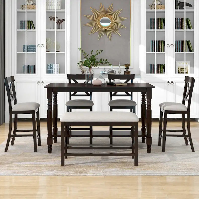 Ensemble de salle à manger 6 pièces en bois hauteur comptoir Espresso avec 4 chaises et un banc