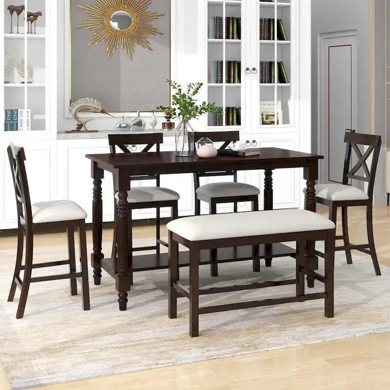 Ensemble de salle à manger 6 pièces en bois hauteur comptoir Espresso avec 4 chaises et un banc