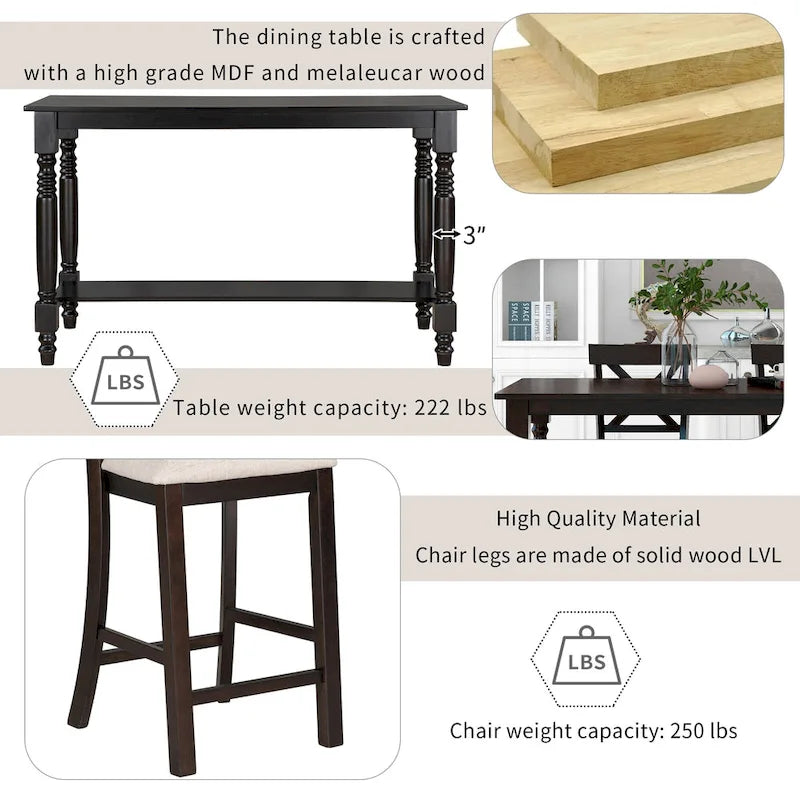 Ensemble de salle à manger 6 pièces en bois hauteur comptoir Espresso avec 4 chaises et un banc