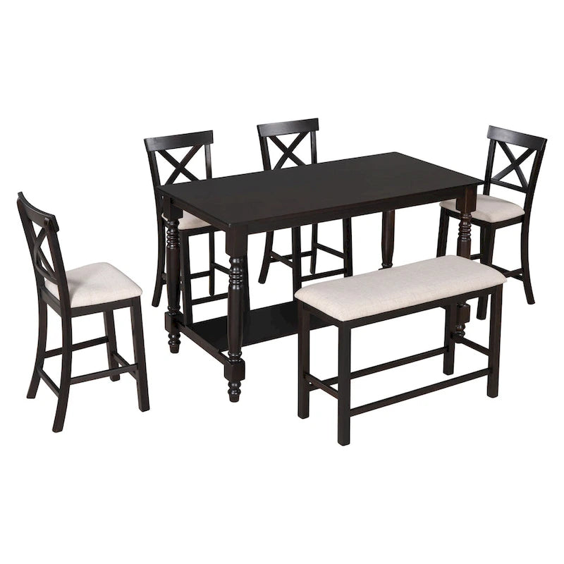 Ensemble de salle à manger 6 pièces en bois hauteur comptoir Espresso avec 4 chaises et un banc