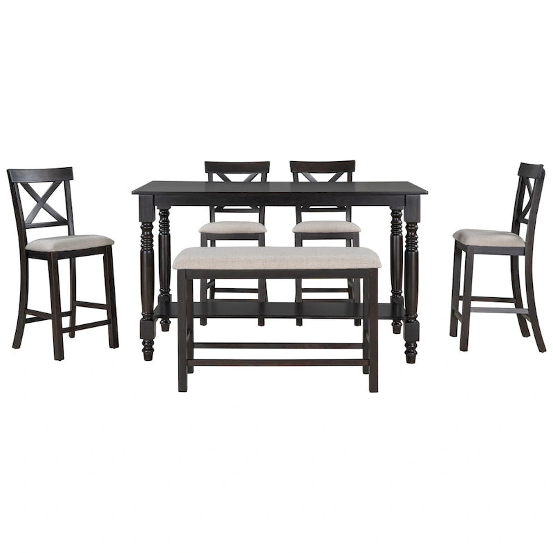 Ensemble de salle à manger 6 pièces en bois hauteur comptoir Espresso avec 4 chaises et un banc
