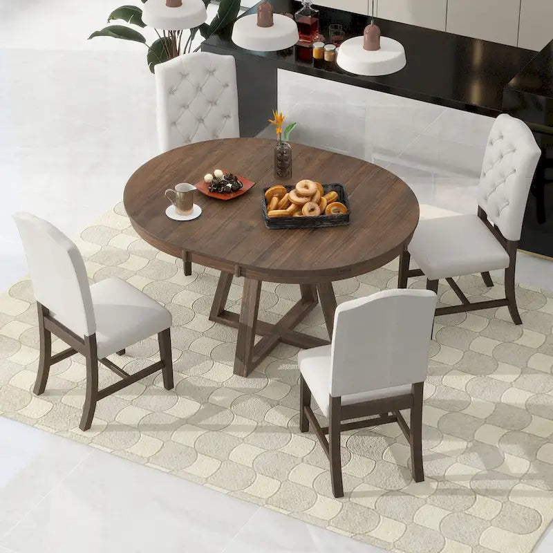 Ensemble de salle à manger 5 pièces en noyer avec table ronde extensible et 4 chaises