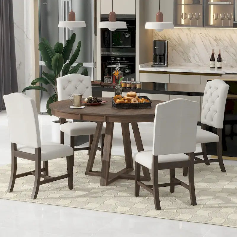 Ensemble de salle à manger 5 pièces en noyer avec table ronde extensible et 4 chaises