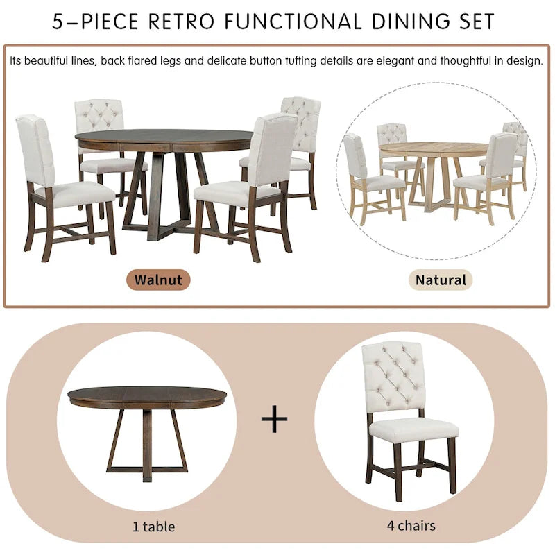 Ensemble de salle à manger 5 pièces en noyer avec table ronde extensible et 4 chaises