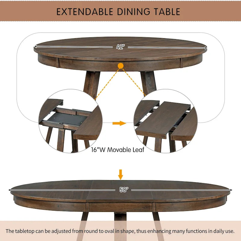 Ensemble de salle à manger 5 pièces en noyer avec table ronde extensible et 4 chaises