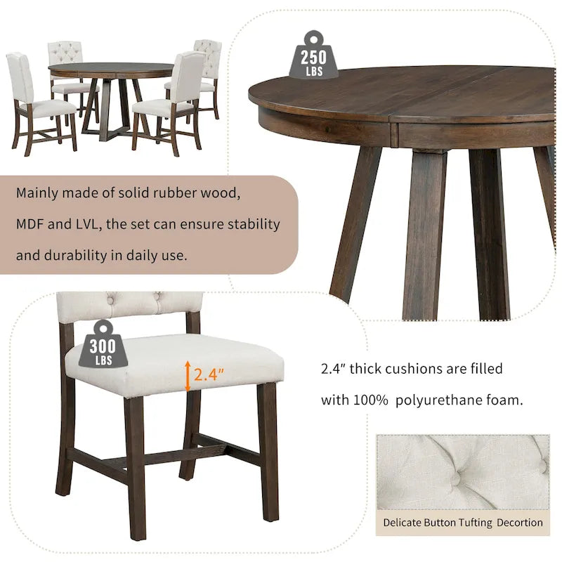 Ensemble de salle à manger 5 pièces en noyer avec table ronde extensible et 4 chaises