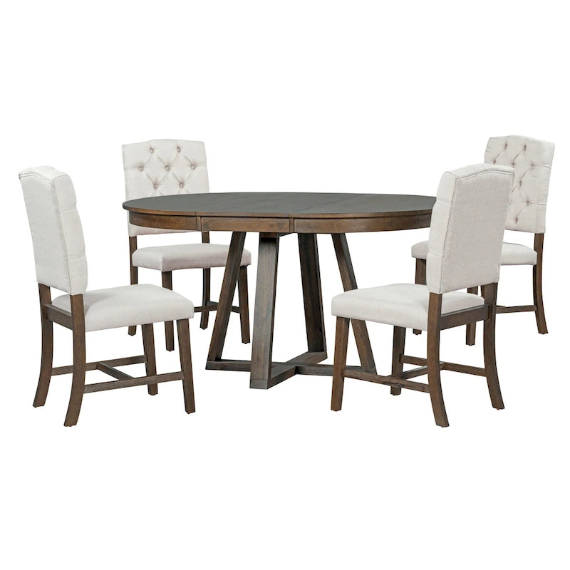 Ensemble de salle à manger 5 pièces en noyer avec table ronde extensible et 4 chaises