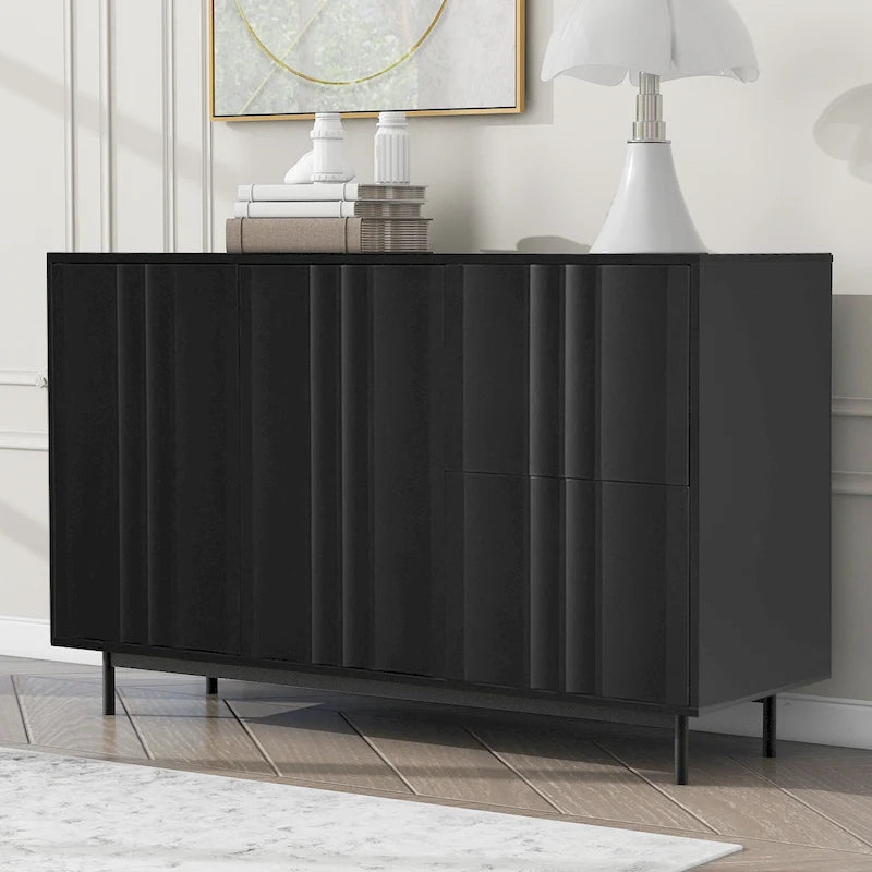 Armoire de rangement moderne à motif ondulé avec 2 portes, 2 tiroirs et étagères réglables