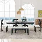 Ensemble de salle à manger noir 6 pièces en bois avec table extensible, 4 chaises et un banc