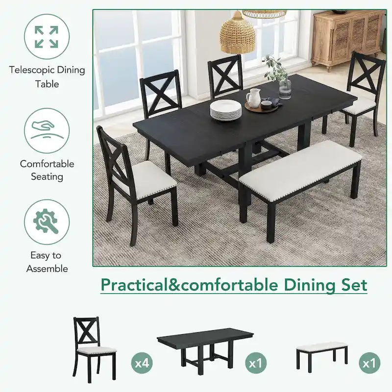 Ensemble de salle à manger noir 6 pièces en bois avec table extensible, 4 chaises et un banc