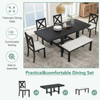 Ensemble de salle à manger noir 6 pièces en bois avec table extensible, 4 chaises et un banc