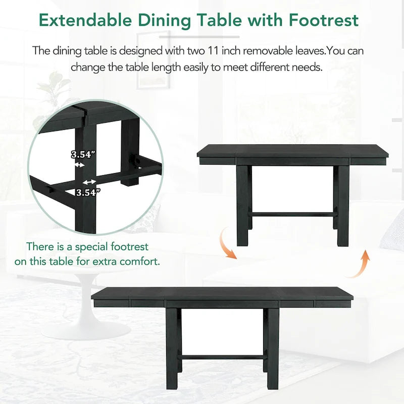 Ensemble de salle à manger noir 6 pièces en bois avec table extensible, 4 chaises et un banc