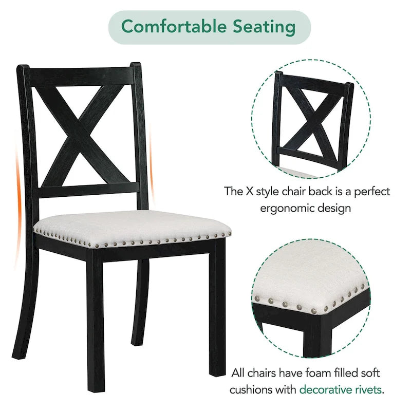 Ensemble de salle à manger noir 6 pièces en bois avec table extensible, 4 chaises et un banc