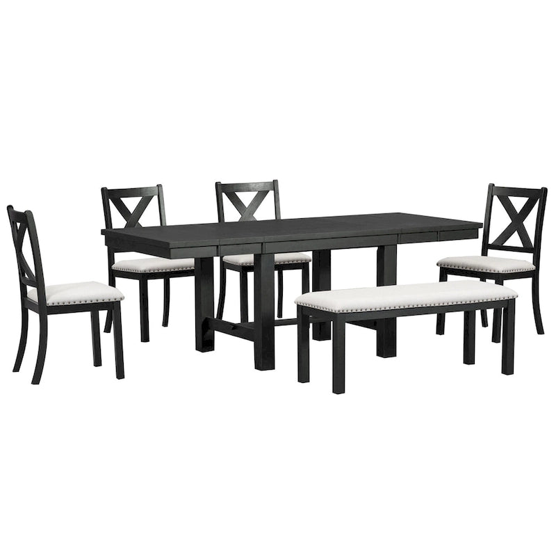 Ensemble de salle à manger noir 6 pièces en bois avec table extensible, 4 chaises et un banc