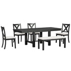 Ensemble de salle à manger noir 6 pièces en bois avec table extensible, 4 chaises et un banc