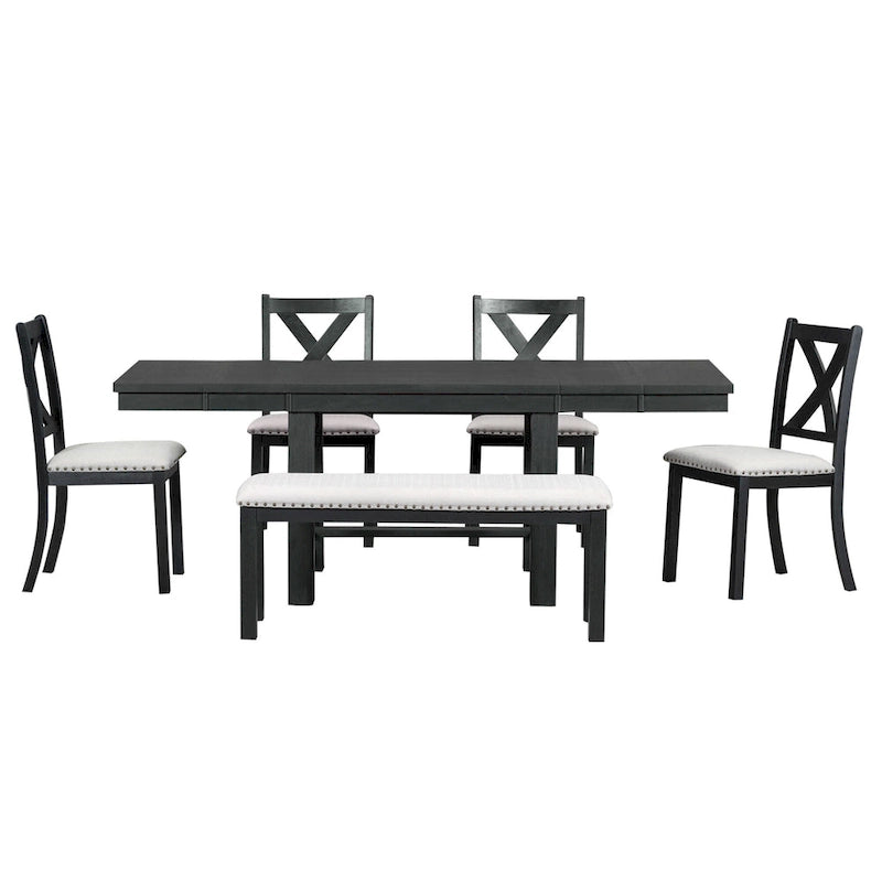 Ensemble de salle à manger noir 6 pièces en bois avec table extensible, 4 chaises et un banc