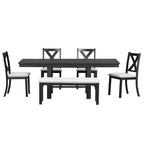 Ensemble de salle à manger noir 6 pièces en bois avec table extensible, 4 chaises et un banc